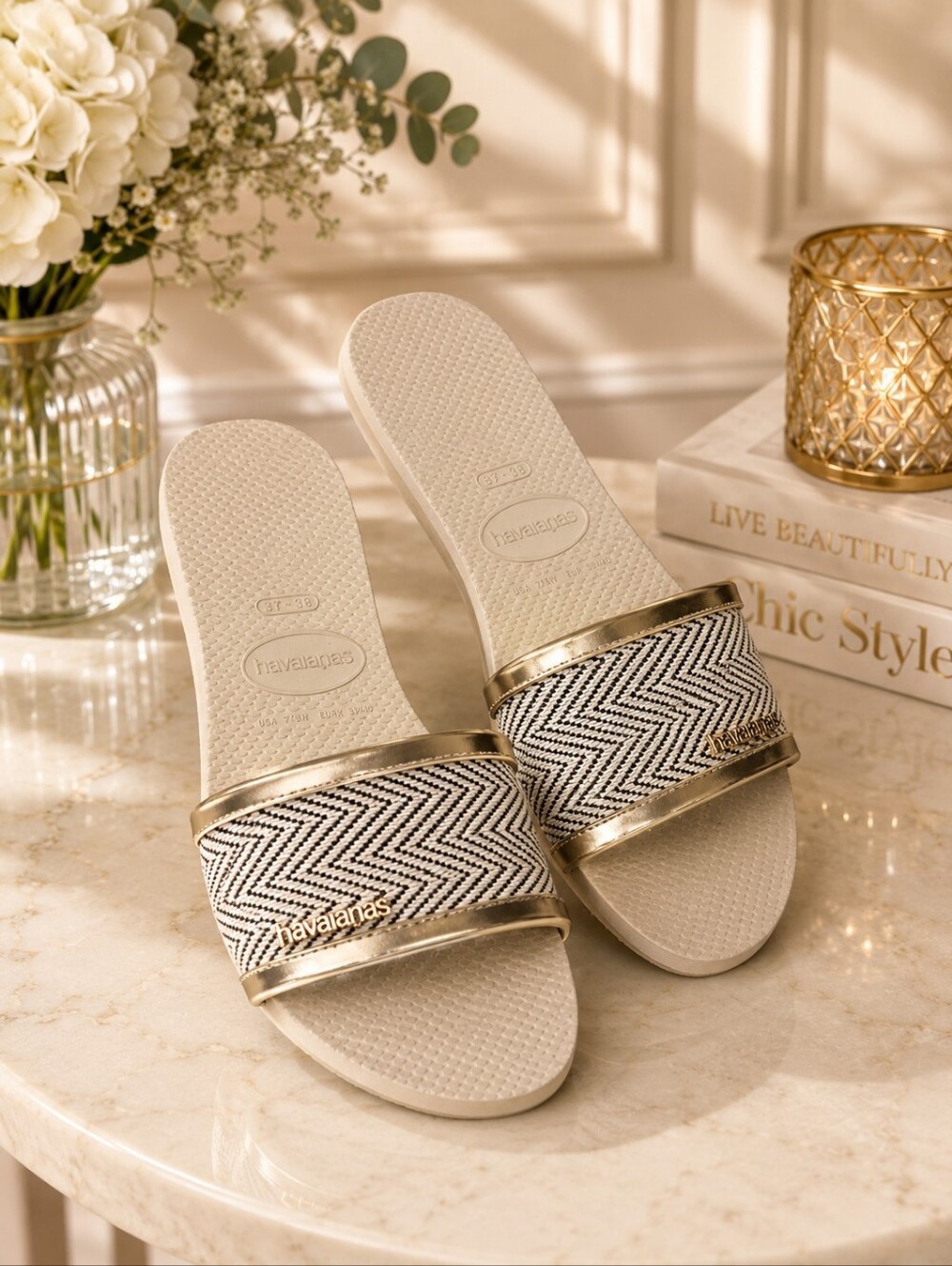 Havaianas Women's White & Gold Slide Sandals